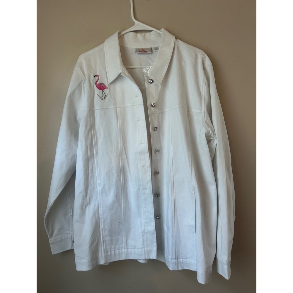 Quacker Factory White Denim Jacket Embroidered Flamingo Rhinestone Button Down L